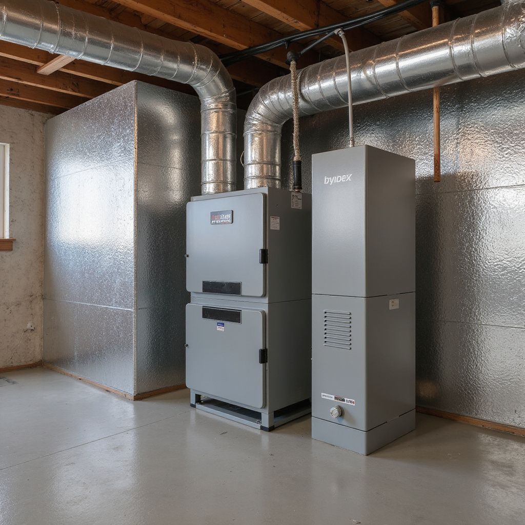Two gray HVAC units with ductwork in a room with metallic insulation and a concrete floor.