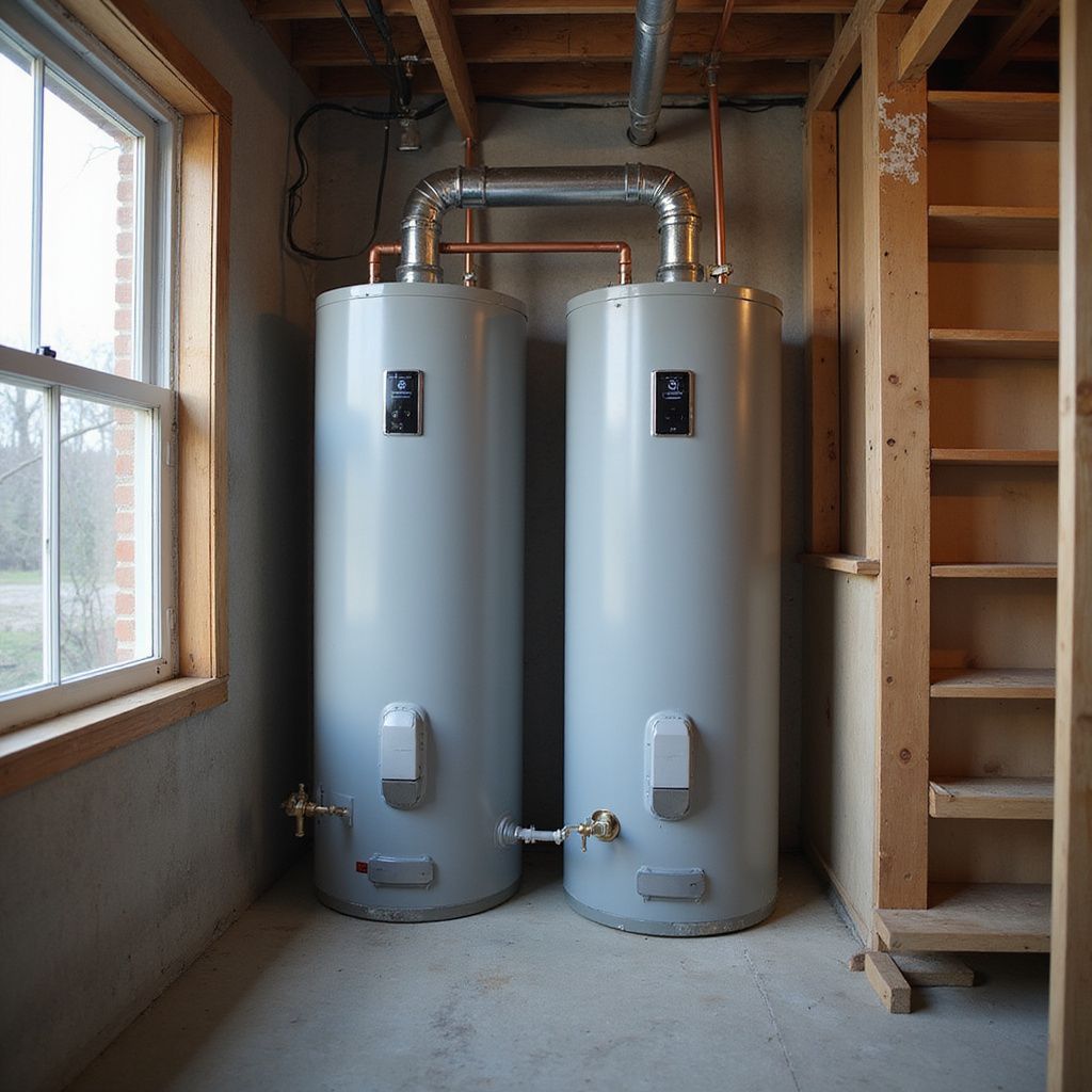Two tall gray water heaters installed in a basement, near a window and wooden shelving.