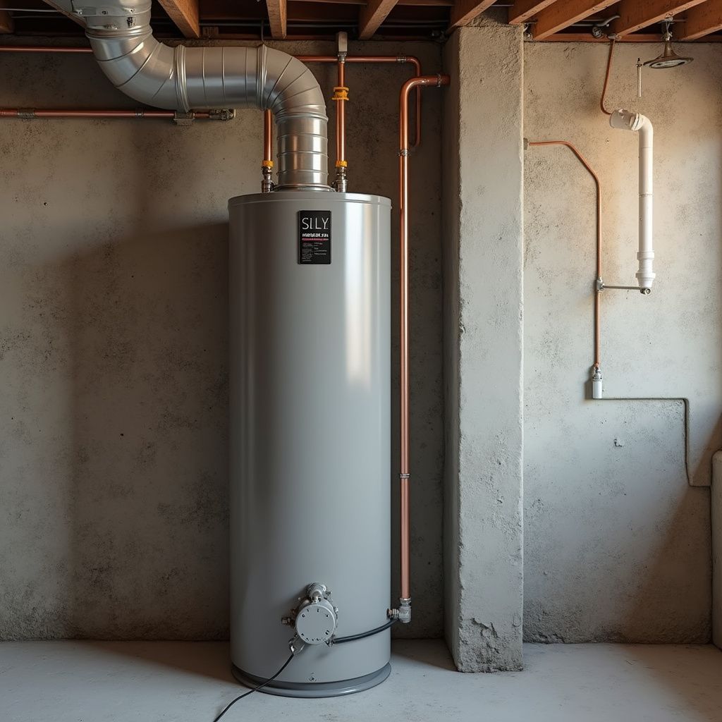 A tall, gray water heater in a basement setting with copper pipes and concrete walls.