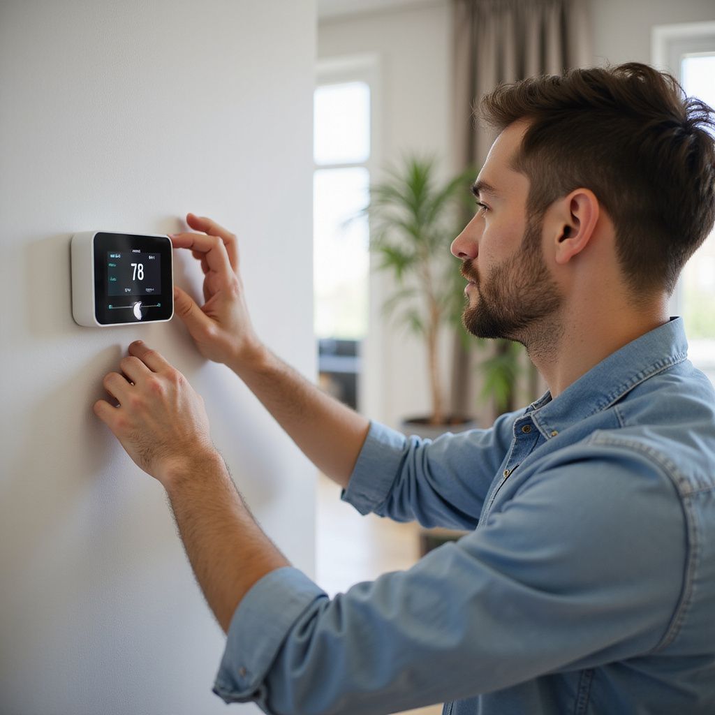 Man adjusting a smart thermostat on a white wall in a modern home.
