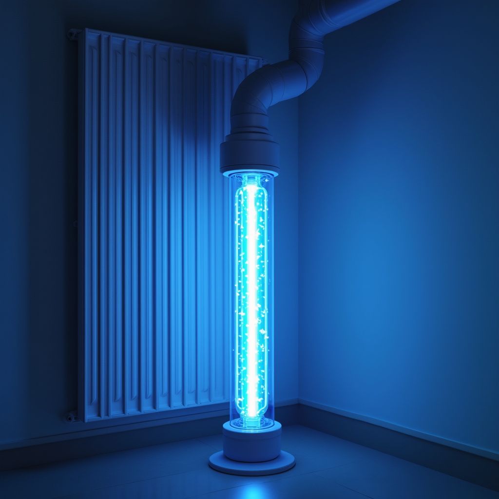 Blue light sterilizer in a corner next to a radiator.