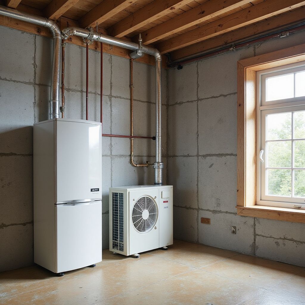 White heating unit components in a basement room, connected by pipes, with a window and concrete walls.