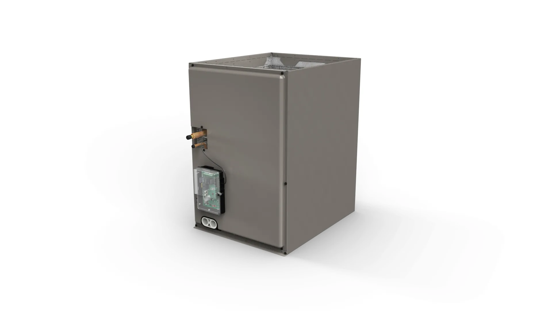 Gray HVAC indoor unit on a white surface.