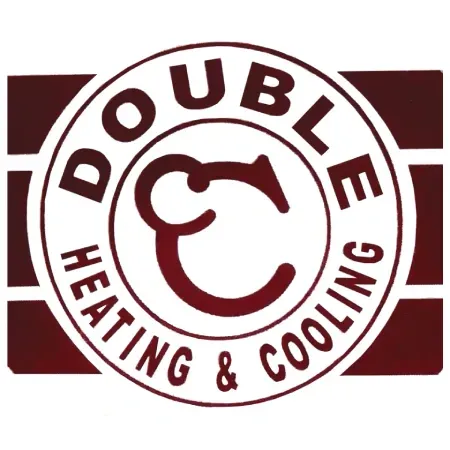 Logo for Double Heating & Cooling, with a circular emblem and maroon color scheme.