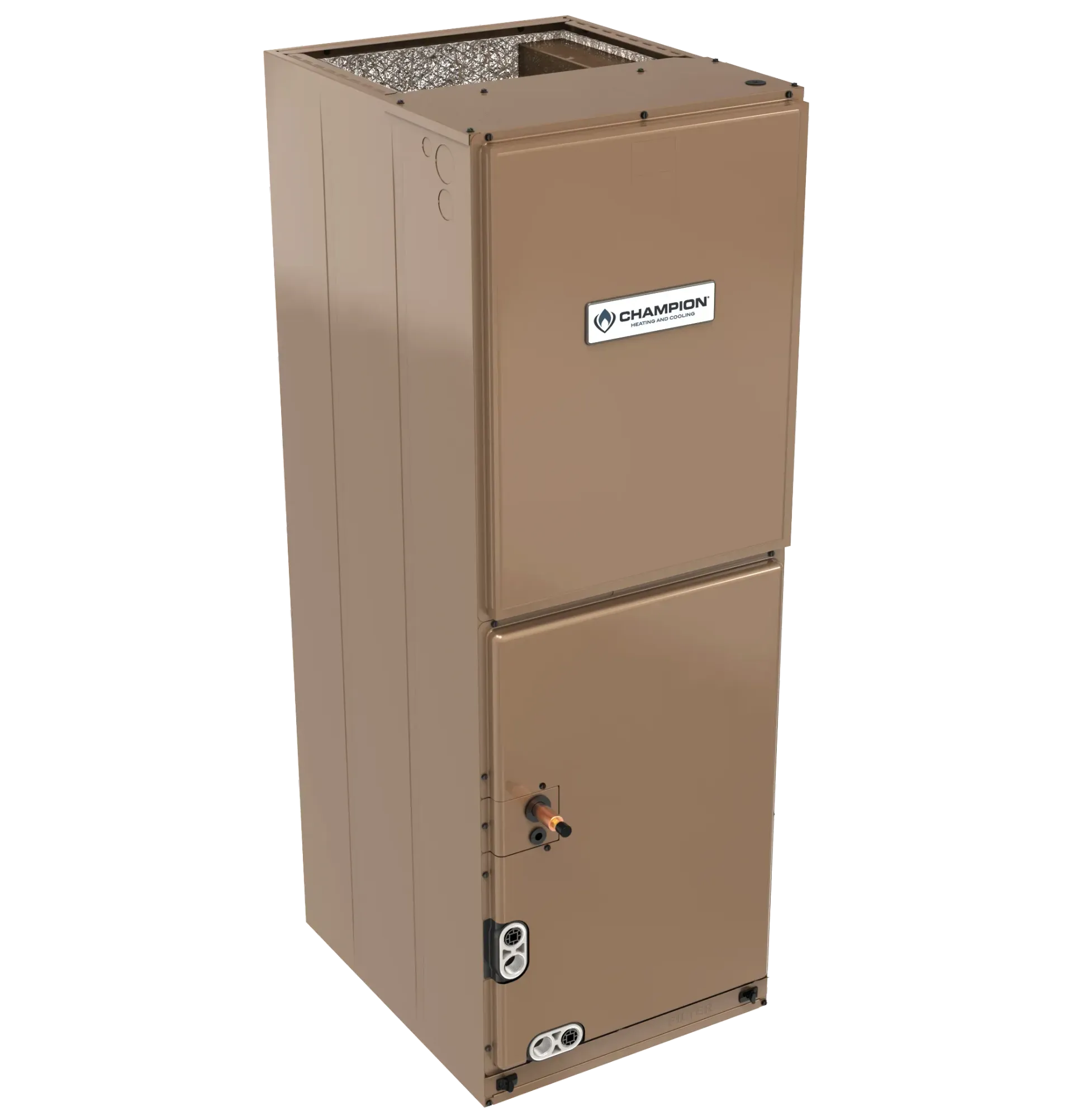 A furnace in a basement with silver ducts and a small window.