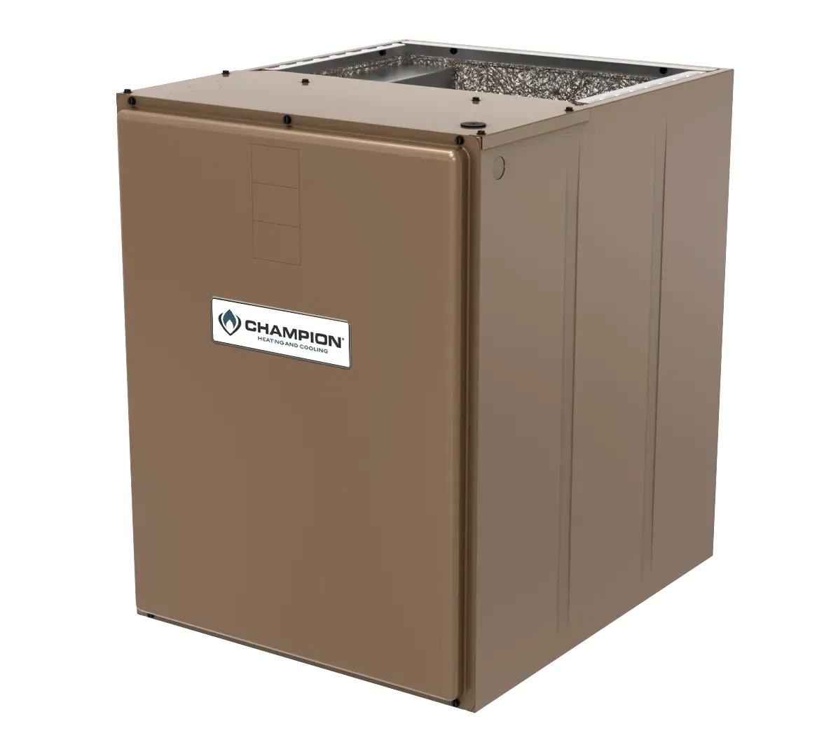 Furnace and ductwork in a basement setting. Metal components, wood beams, and a gray floor.