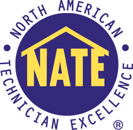 NATE logo: Yellow letters and house silhouette on a blue circle,