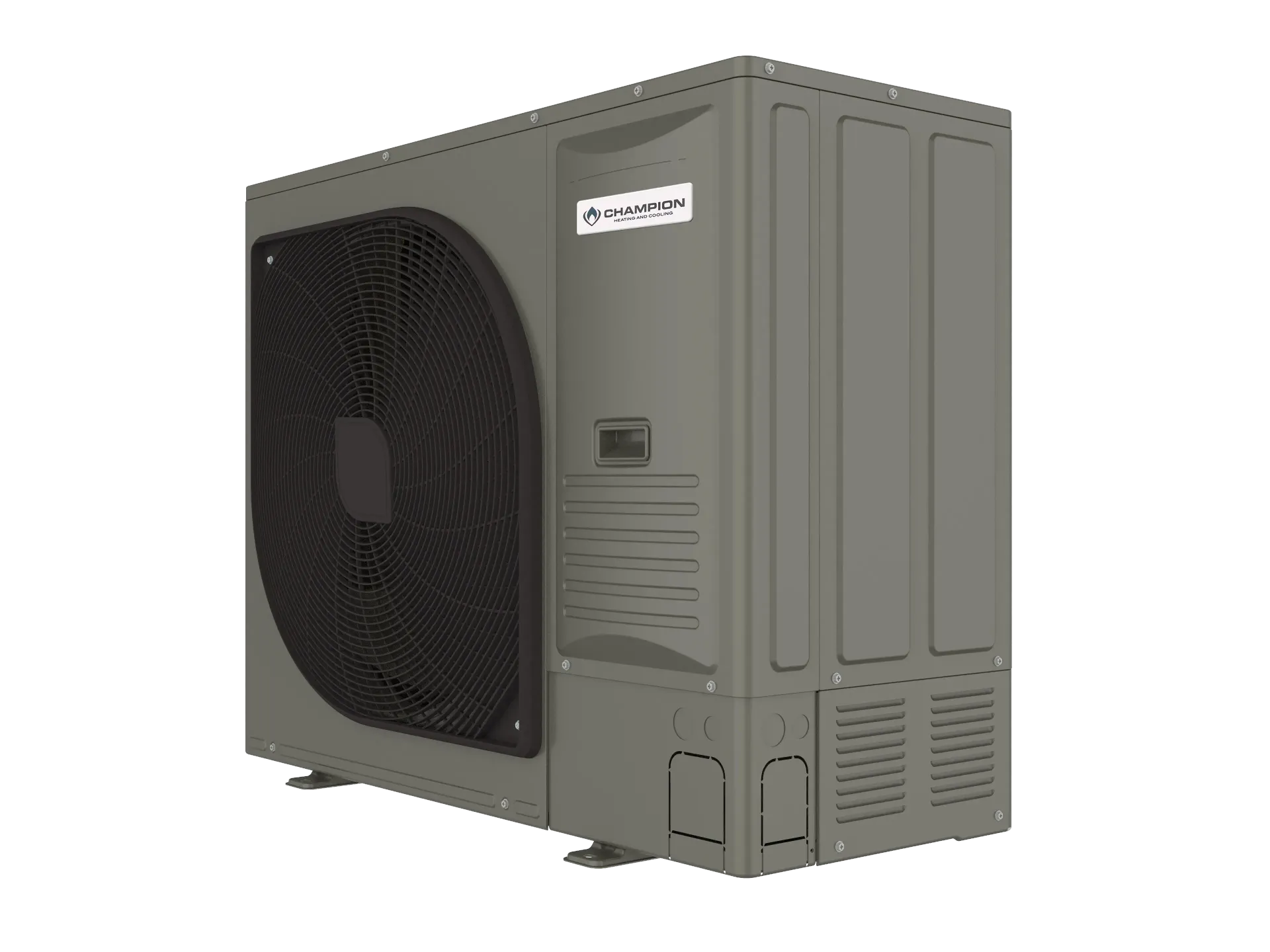 Gray outdoor heat pump with a large fan on the left side and a control panel.