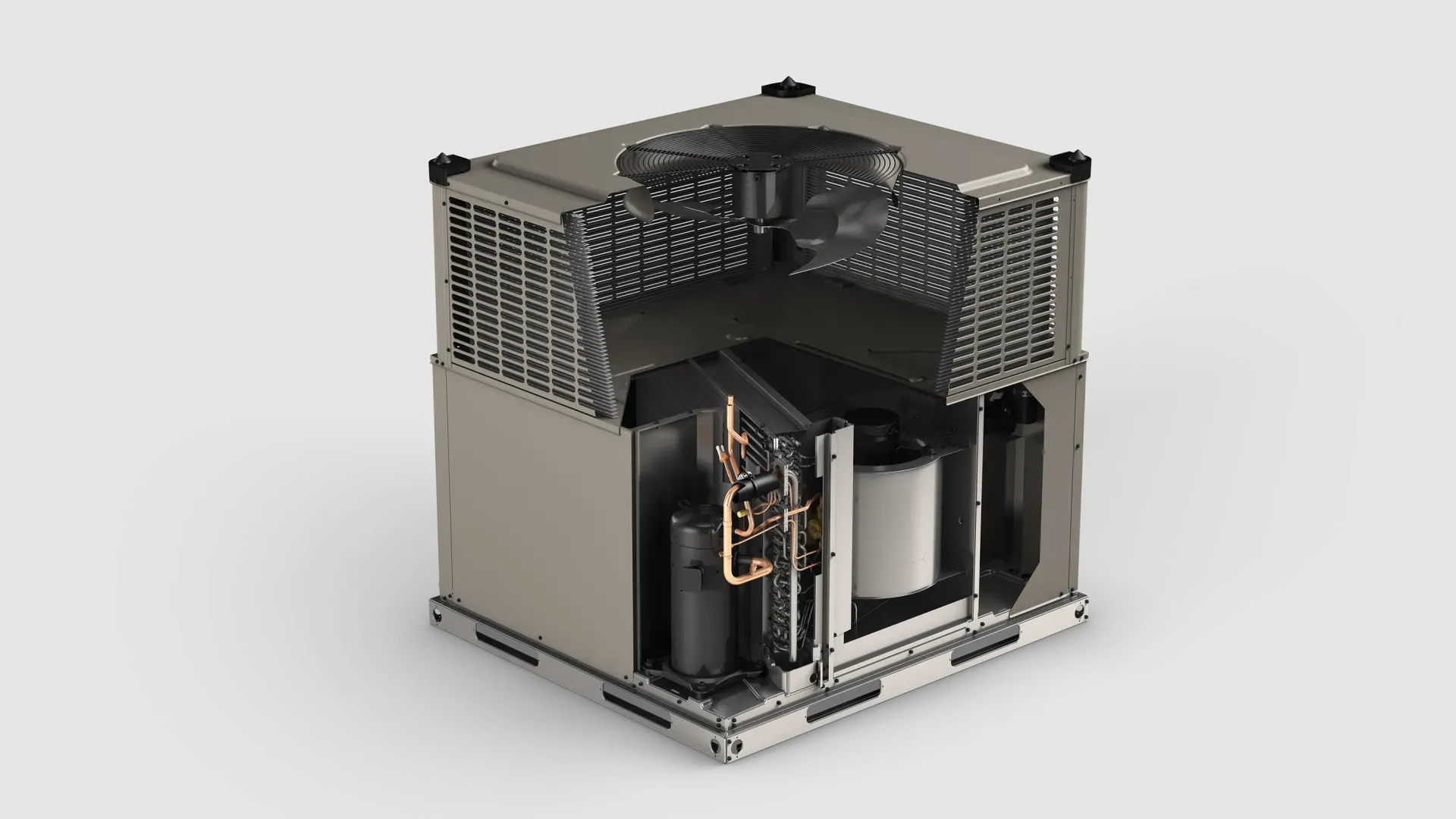 Cutaway view of an air conditioning unit showing internal components, including copper tubing and a fan.