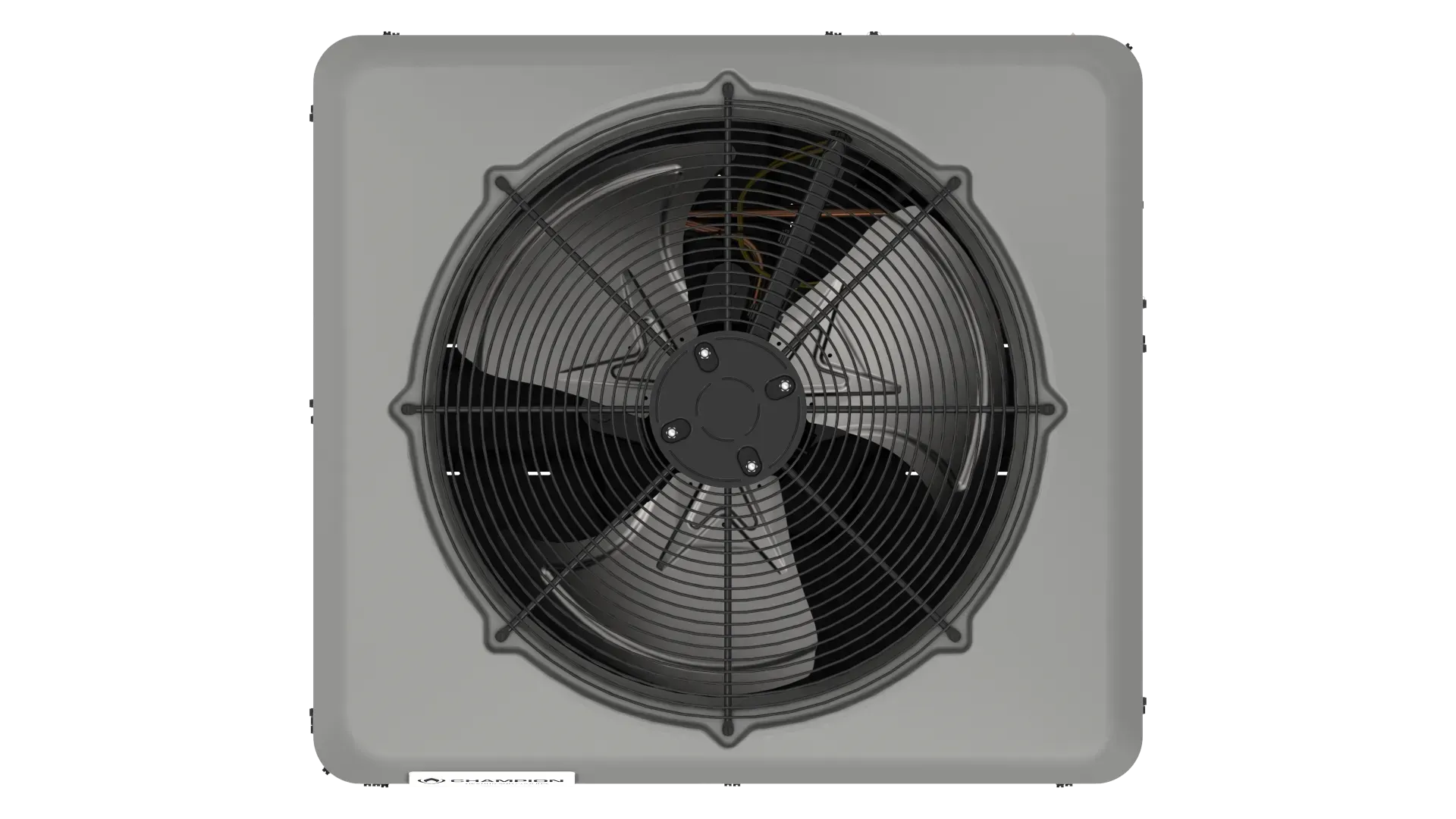 Gray air conditioner unit with a central fan, viewed from above.