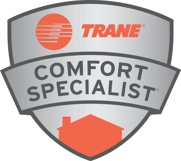 Trane Comfort Specialist badge, silver shield with orange house, Trane logo, and text.