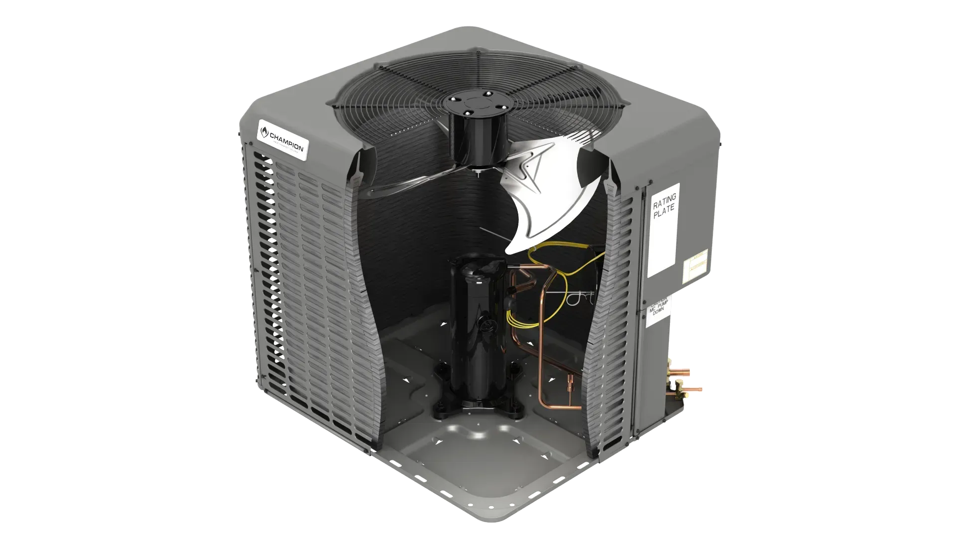 Cutaway of an air conditioner showing internal components: compressor, coils, fan. Gray metal housing.