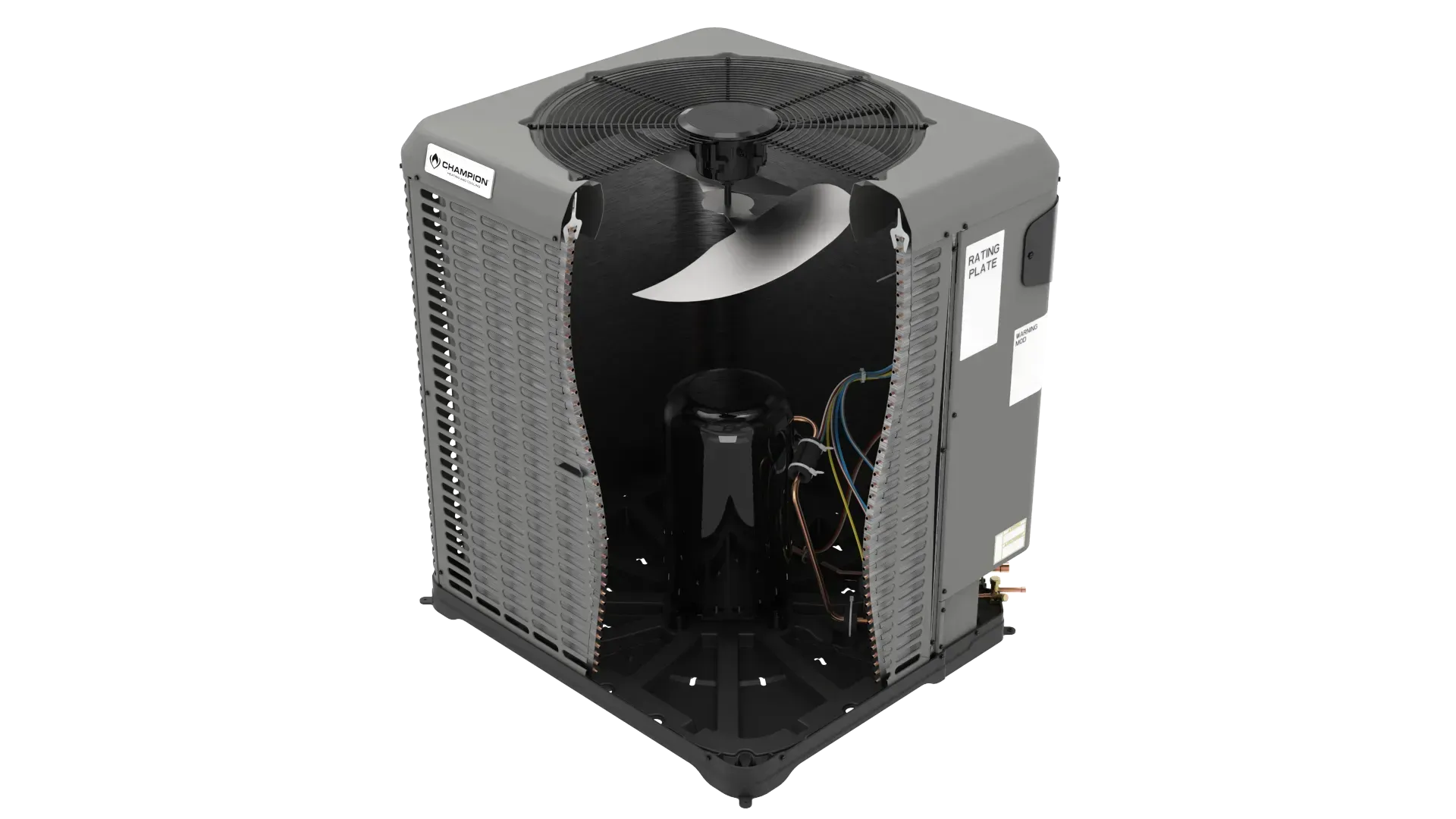 Cutaway view of an air conditioning unit showing internal components, including fan, compressor, and coils.