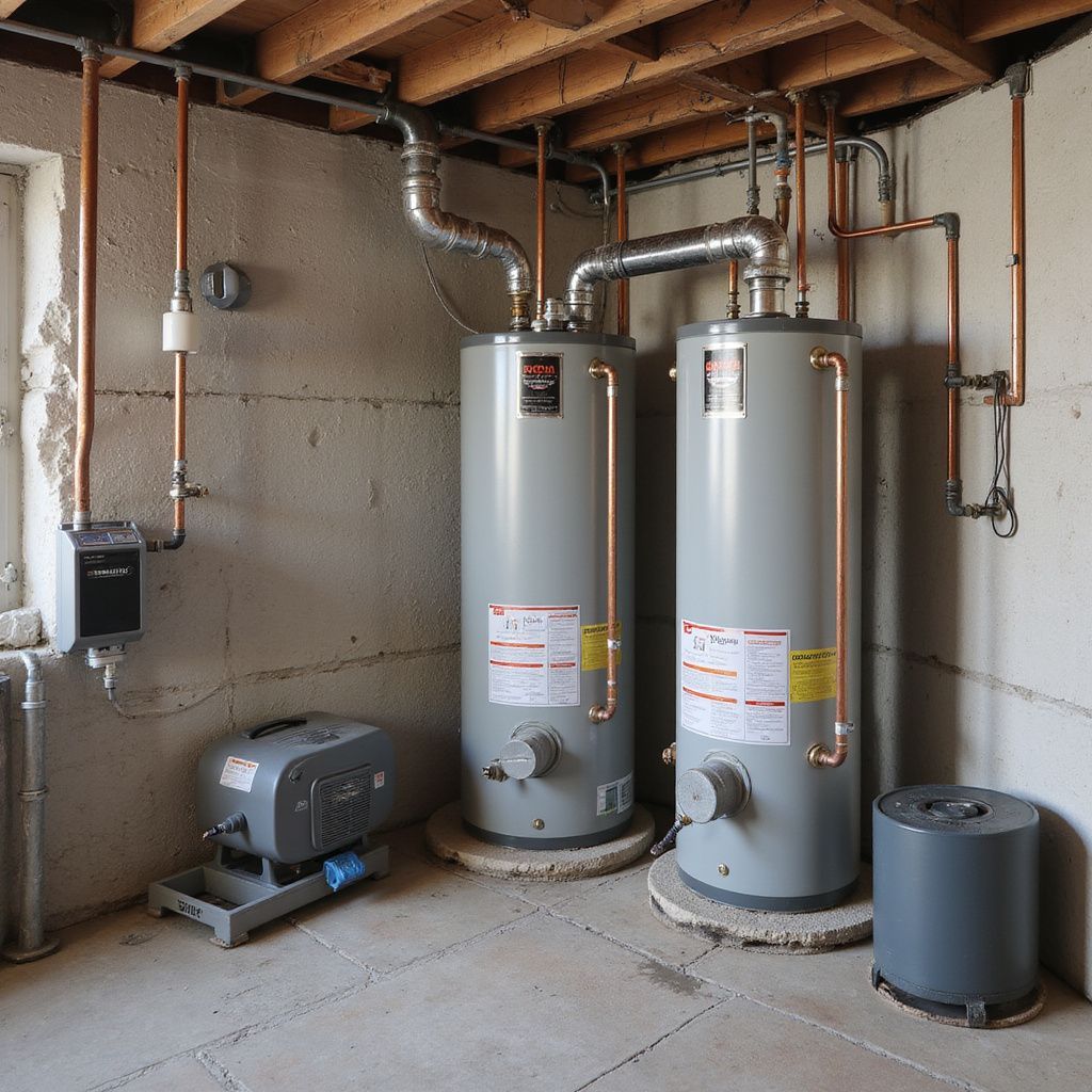 Two gray water heaters with copper pipes in a basement.