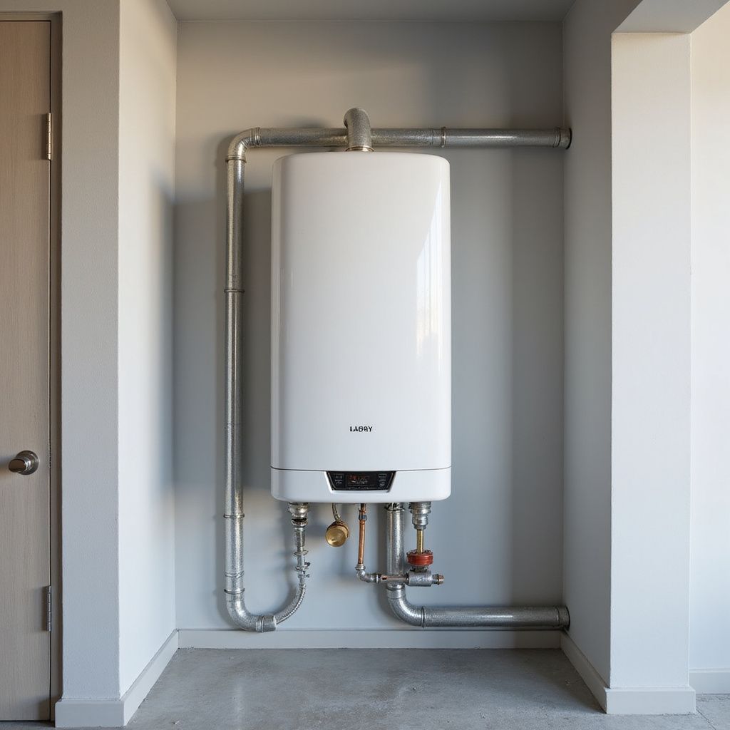 White wall-mounted water heater with silver pipes in a corner of a room, next to a door.
