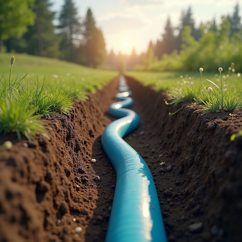 Blue pipe winding through a trench in a grassy field, trees in the background, sun shining.