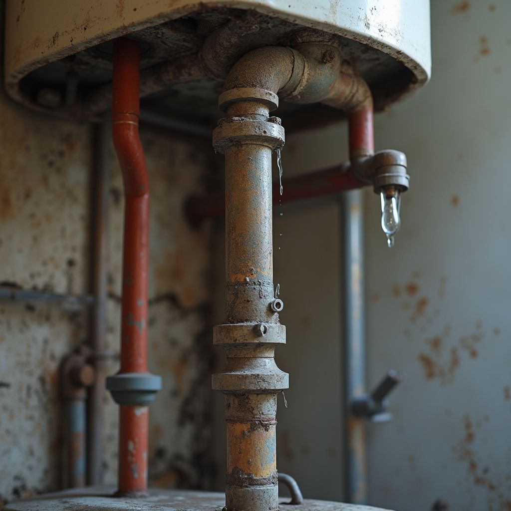 Rusty water heater with dripping pipe.