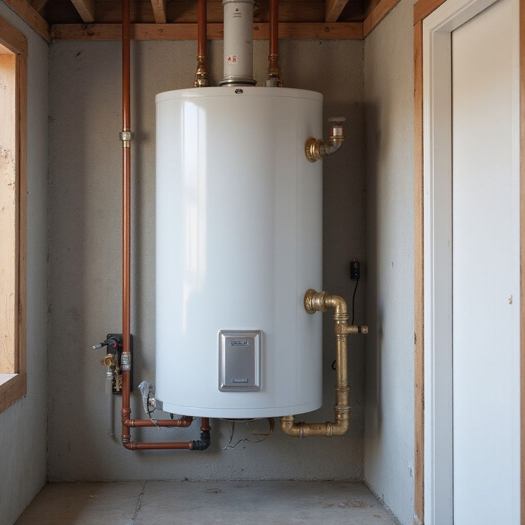White water heater in a room with concrete walls, copper pipes, and a wooden frame.