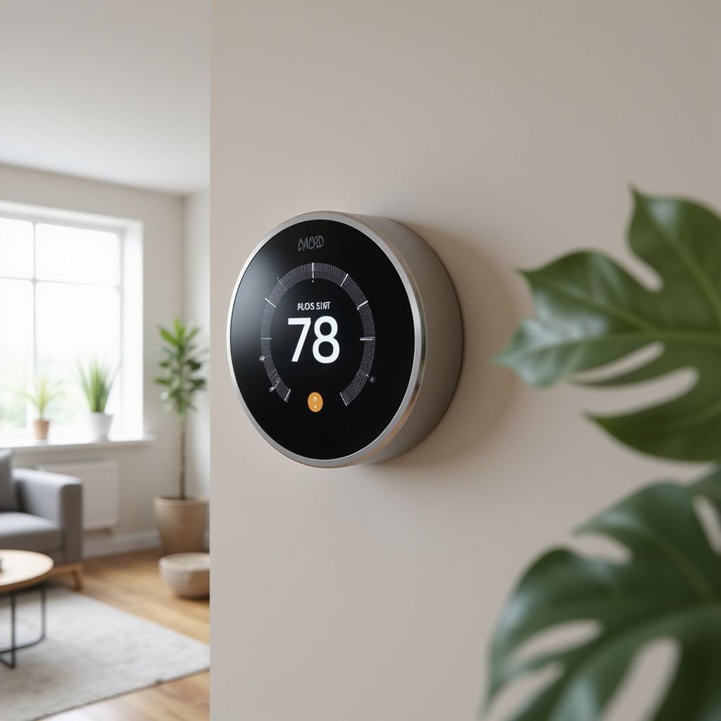 Smart thermostat on a beige wall, displaying 78 degrees. Room interior with a window and plants.