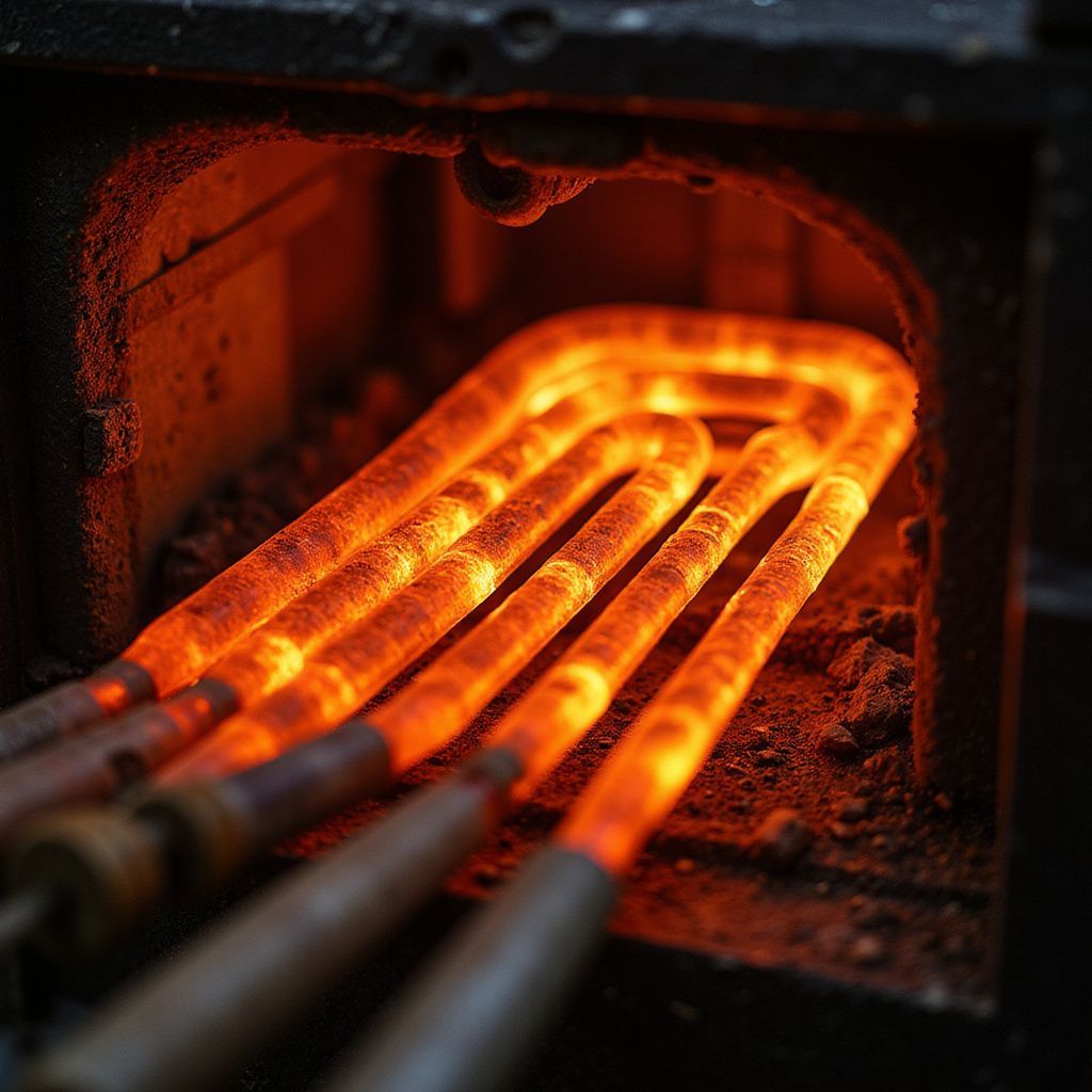 Glowing, bent metal rods in a furnace, radiating orange heat, ready for forging.