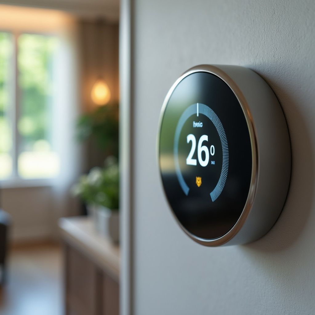 Smart thermostat on a wall, displaying a temperature of 26 degrees Celsius. Indoor setting.