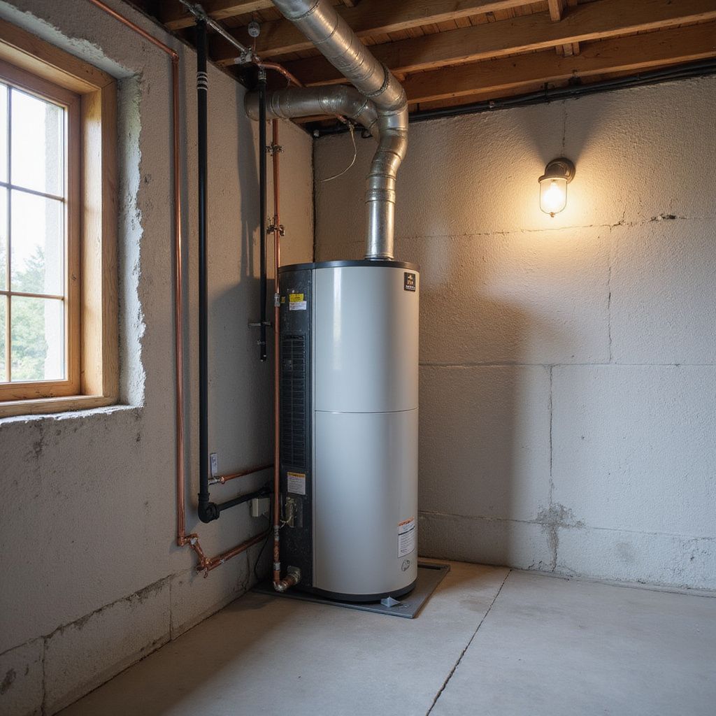 Water heater in a concrete basement with copper pipes, vent, window, and light fixture.