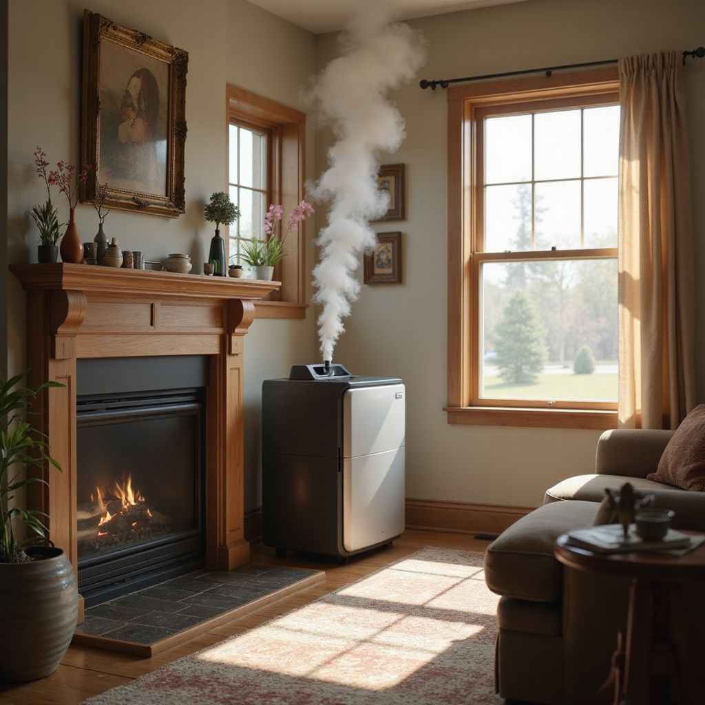 A humidifier steaming in a living room with a fireplace, windows, and a couch.