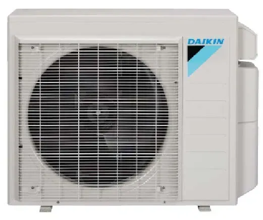 White Daikin air conditioning unit with a large black fan behind a metal grill.