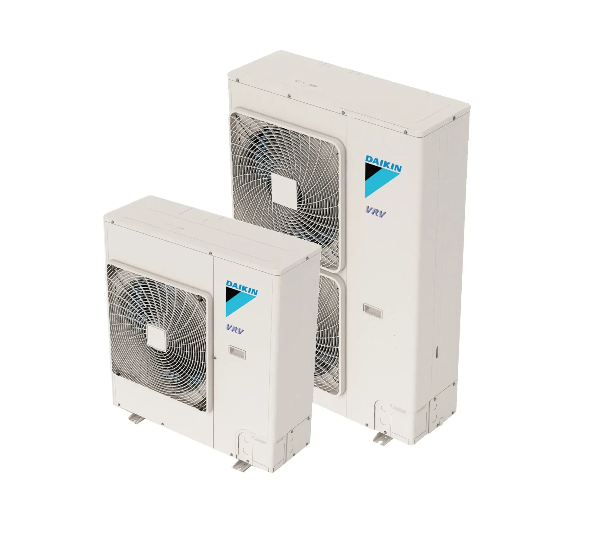 Two Daikin heat pump units, white, rectangular, various sizes, logo visible.