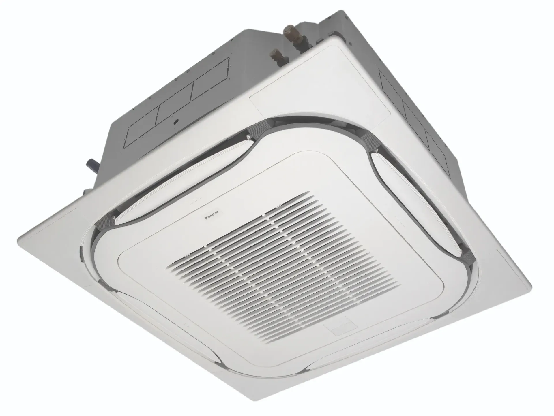 White square ceiling-mounted air conditioner with a louvered grill in a modern setting.