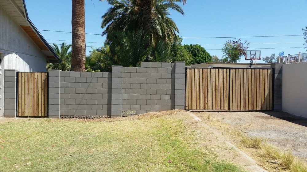 Wood Gate with Brick Wall — Phoenix, AZ — Building Block Masonry
