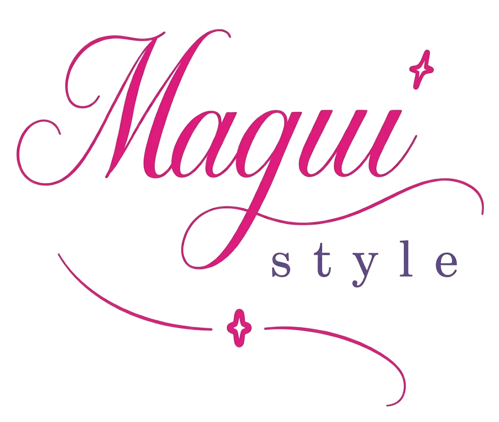 Logotipo rosa estilo “Magu” con elegante tipografía y detalles de estrellas.