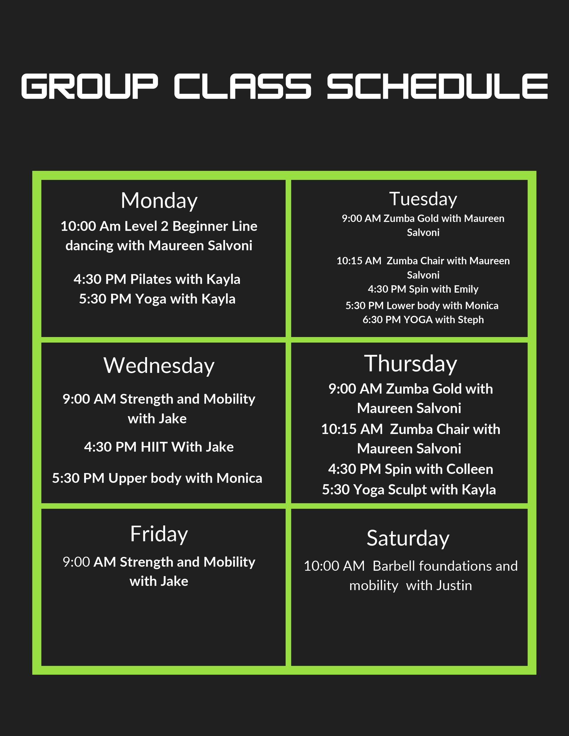 Group class schedule for June, with classes like yoga, Zumba, and strength training.