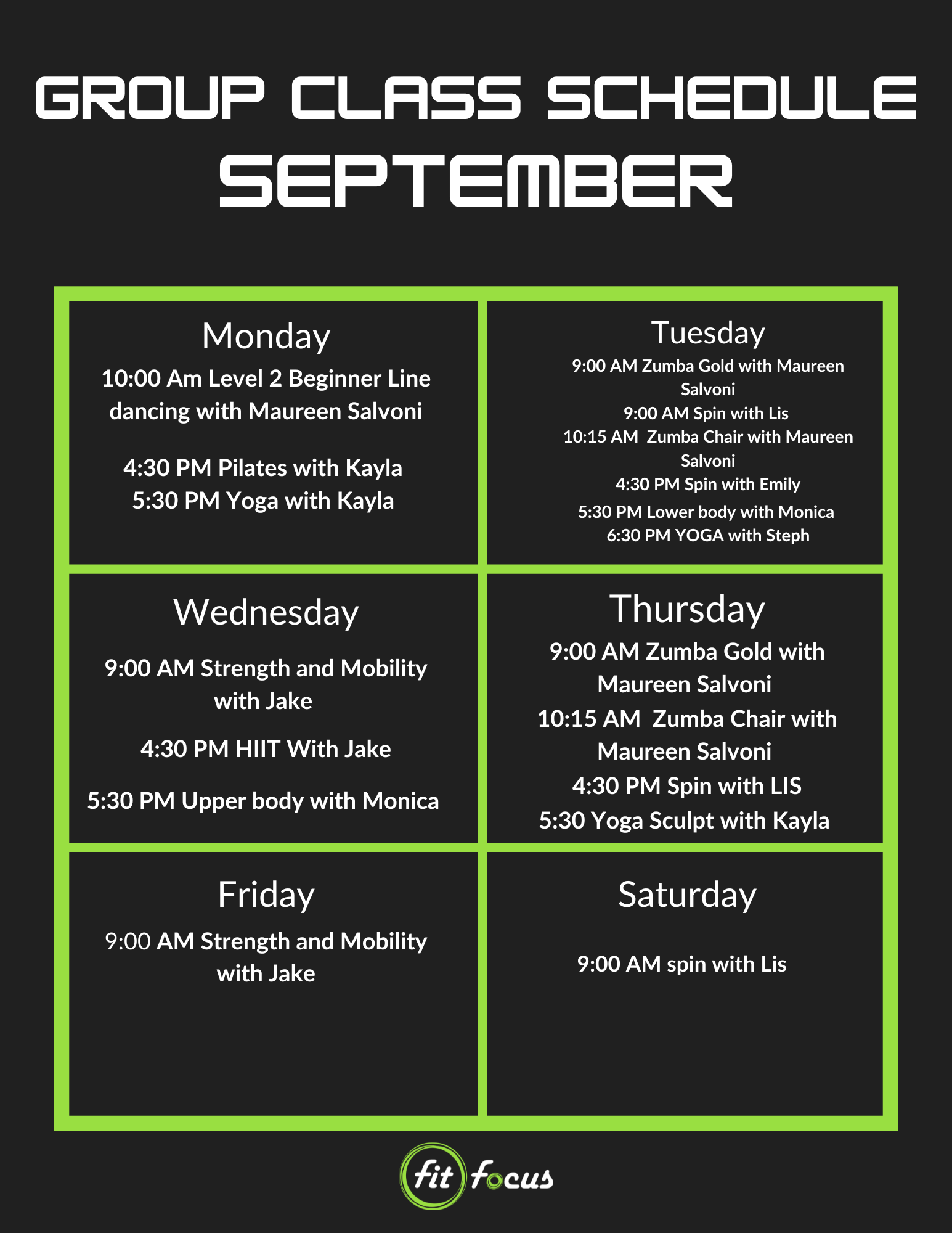Group class schedule for June, with classes like yoga, Zumba, and strength training.