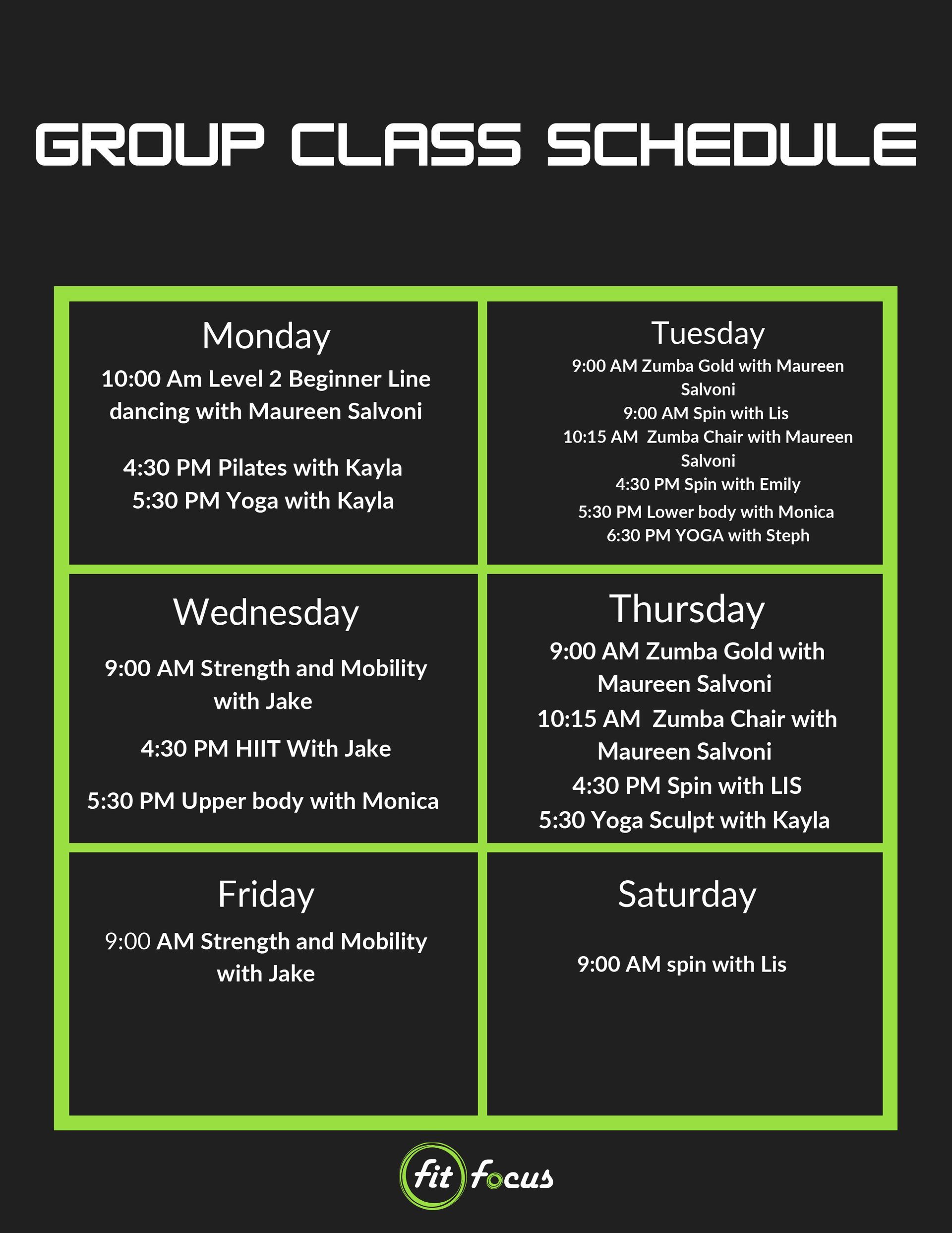 Group class schedule for June, with classes like yoga, Zumba, and strength training.