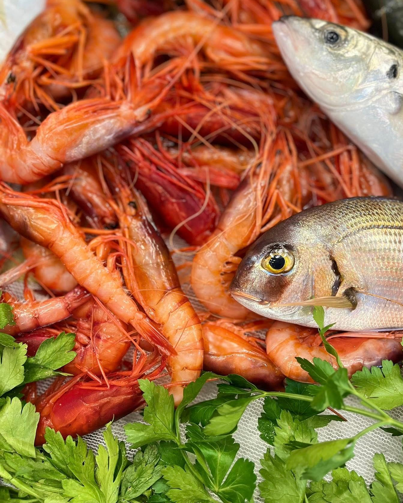 Frutti di mare freschi: gamberi rossi, pesciolini d'argento, orate e prezzemolo.
