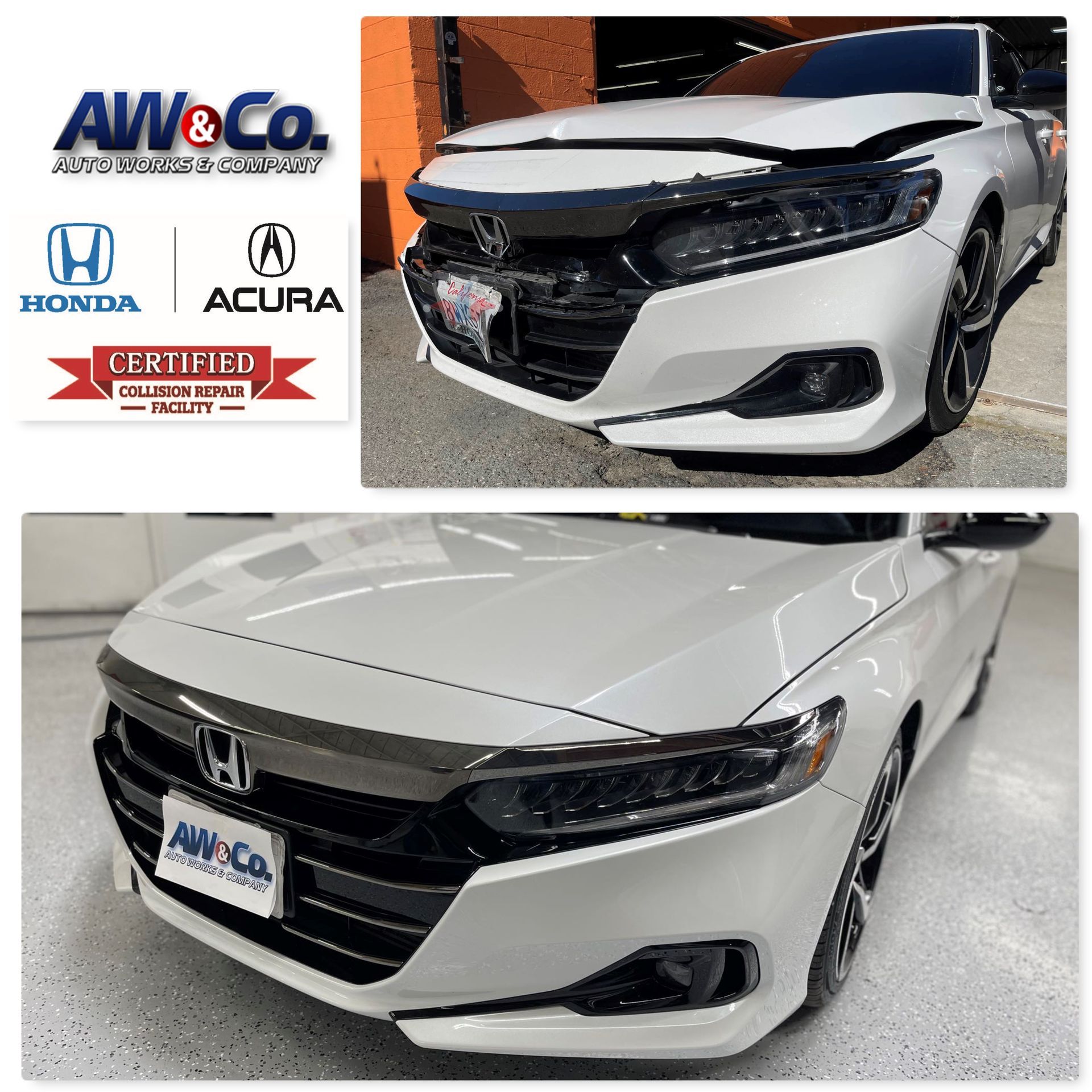 A white honda accord with a damaged front bumper