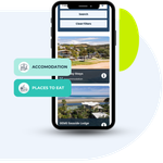 Mobile app showing accommodation and places to eat search results. Two teal buttons flank the phone.