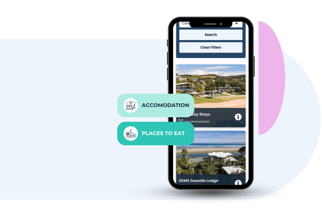 Mobile app interface with options: Parking/Map, Places to Eat, and other menu items.
