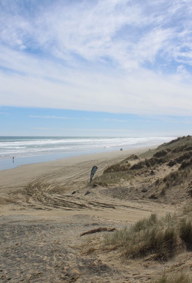 Sandy beach with ocean waves under a blue sky with scattered clouds; dunes in foreground.