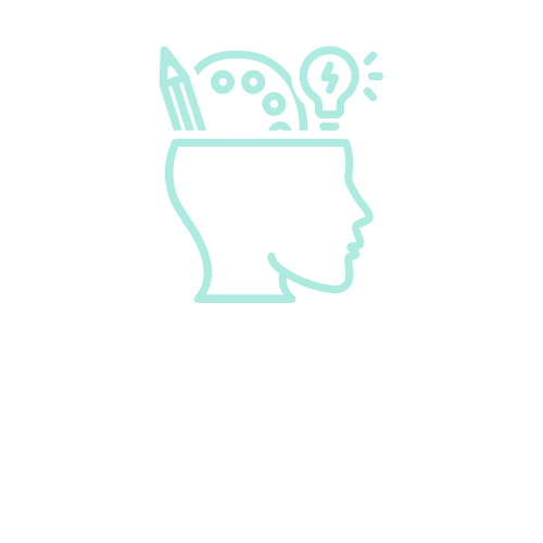 Open head with pencil, palette, and lightbulb, symbolizing creativity.