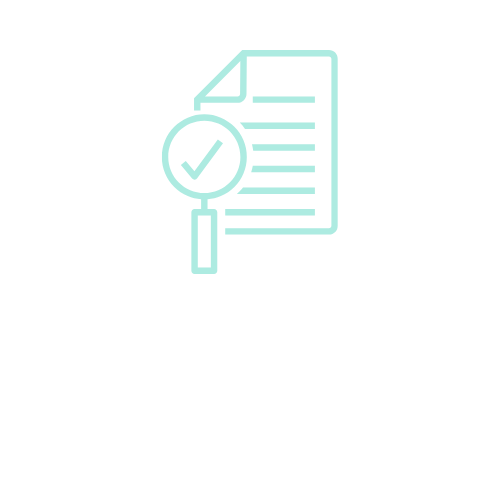 Document being reviewed, with magnifying glass showing check mark.