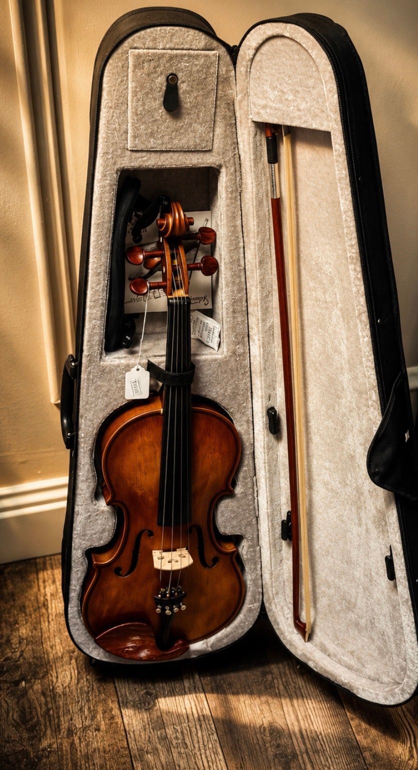 Violin in an open case with bow, leaning against a wall on a wooden floor.