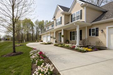 Country house with concrete driveway and walkway. 