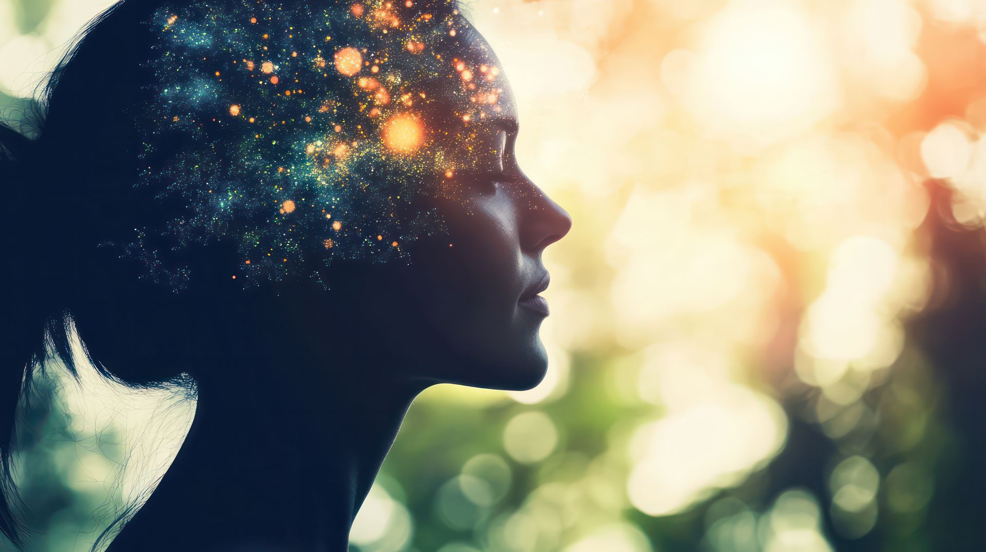 Silhouette of a person with a galaxy inside their head, standing in a sunny outdoor setting.