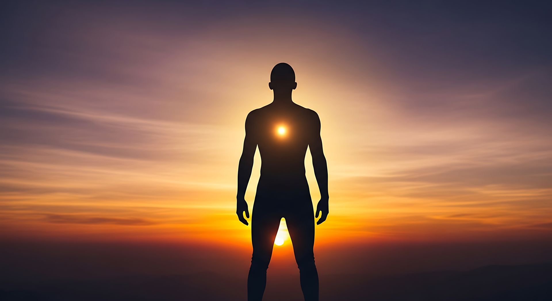 Silhouette of a person standing, illuminated by the sun setting on the horizon. A bright light glows in the person's chest.