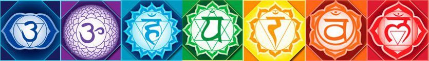 Seven colorful circular chakra symbols arranged horizontally. Each symbol has a different color and Sanskrit character.