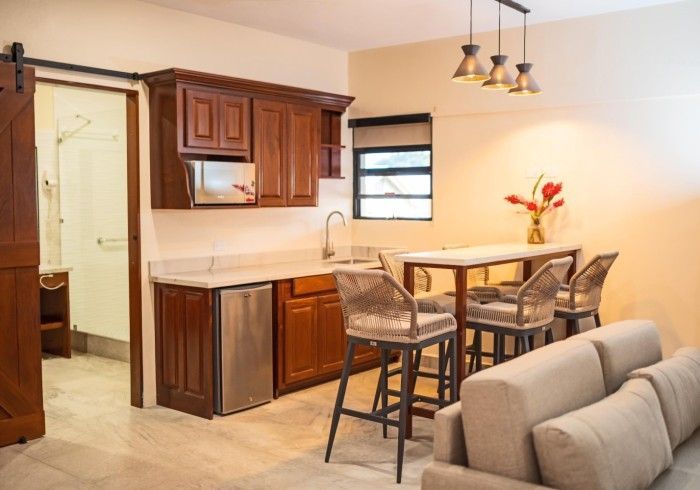 A living room with a couch , table , chairs and a kitchen.