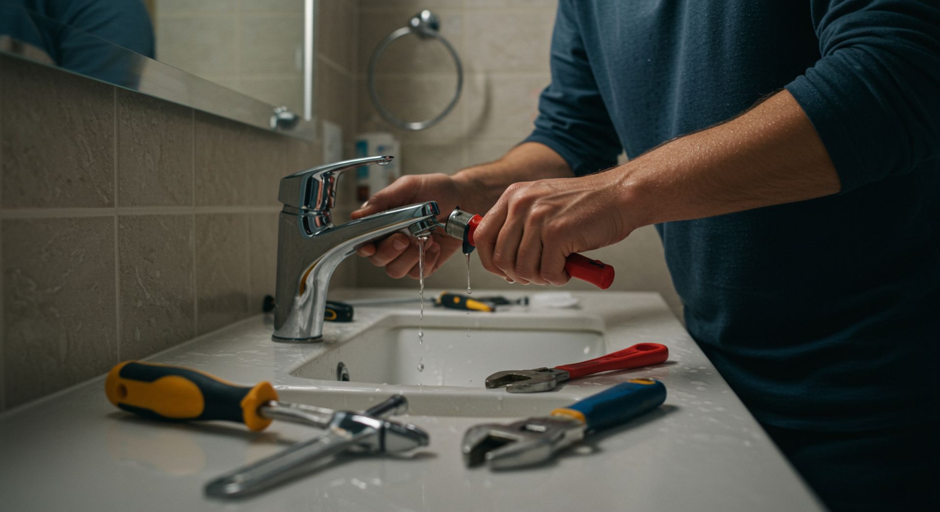 Person tightening a bathroom faucet with a wrench, surrounded by plumbing tools on the sink.
