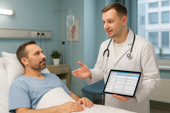 Una mujer habla con un médico durante una consulta. Ambas están en el consultorio.